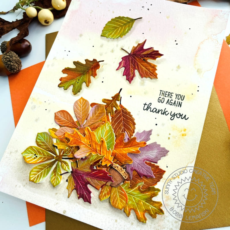 Sunny Studio Stamps Pile of Fall Watercolor Leaves with Acorns Thank You Card (using Autumn Greenery Metal Cutting Dies)