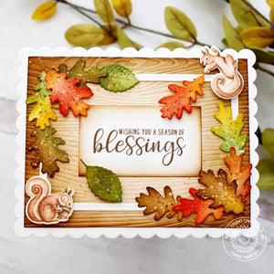 Sunny Studio Season of Blessings Fall Leaves Scalloped Wood Embossed Card (using Autumn Greetings 3x4 Clear Stamps)