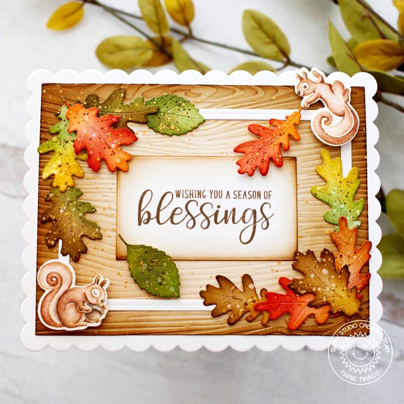 Sunny Studio Stamps Season of Blessings Fall Leaves Scalloped Wood Embossed Card (using Woodgrain 6x6 Embossing Folder)
