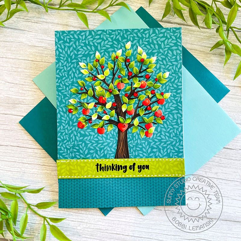 Sunny Studio Stamps Teal, Green & Red Apple Tree Fall Thinking of You Handmade Card (using Sweater Weather 6x6 Paper Pad)