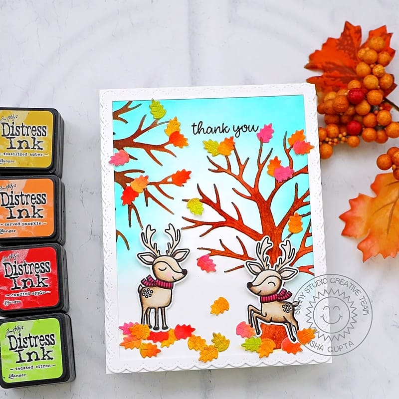 Sunny Studio Reindeer Playing in Fall Leaves with Forest Trees Thank You Card (using Reindeer Games Clear Holiday Stamps)