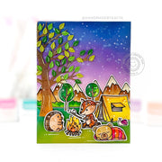 Sunny Studio Stamps Deer, Bear & Hedgehog Camping in Mountains at Sunset Card (using Autumn Tree Metal Cutting Dies)