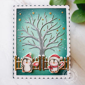Sunny Studio Penguins with Snowy Winter Tree No Line Coloring Holiday Christmas Card (using Penguin Party Clear Stamps)