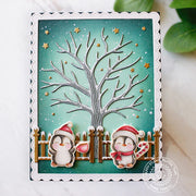 Sunny Studio Penguins with Snowy Winter Tree No Line Coloring Holiday Christmas Card (using Scalloped Fence Cutting Dies)