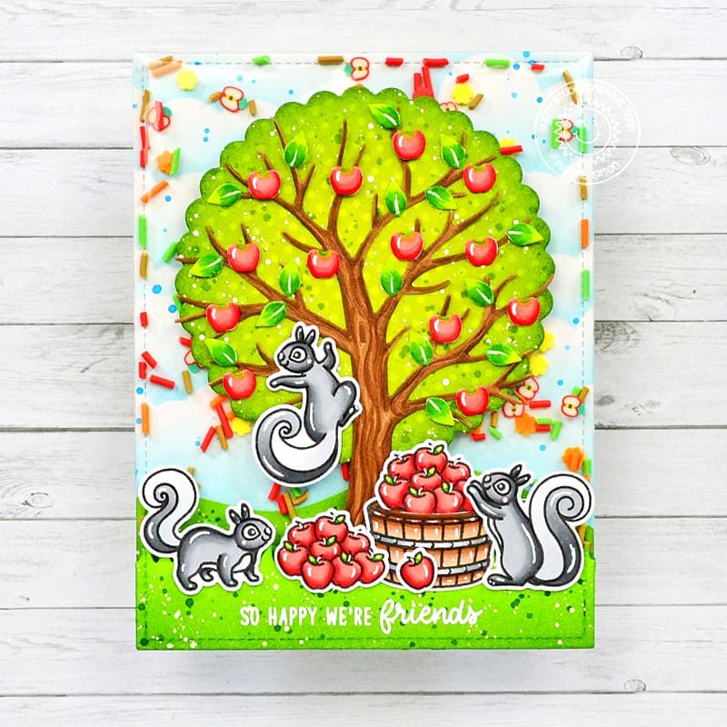Sunny Studio So Happy We're Friends Squirrels with Apple Tree Handmade Card (using Squirrel Friends 4x6 Clear Stamps)