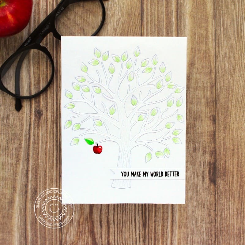 Sunny Studio Stamps You Make My World Better Clean & Simple CAS Apple Tree Card (using Autumn Tree Metal Cutting Dies)