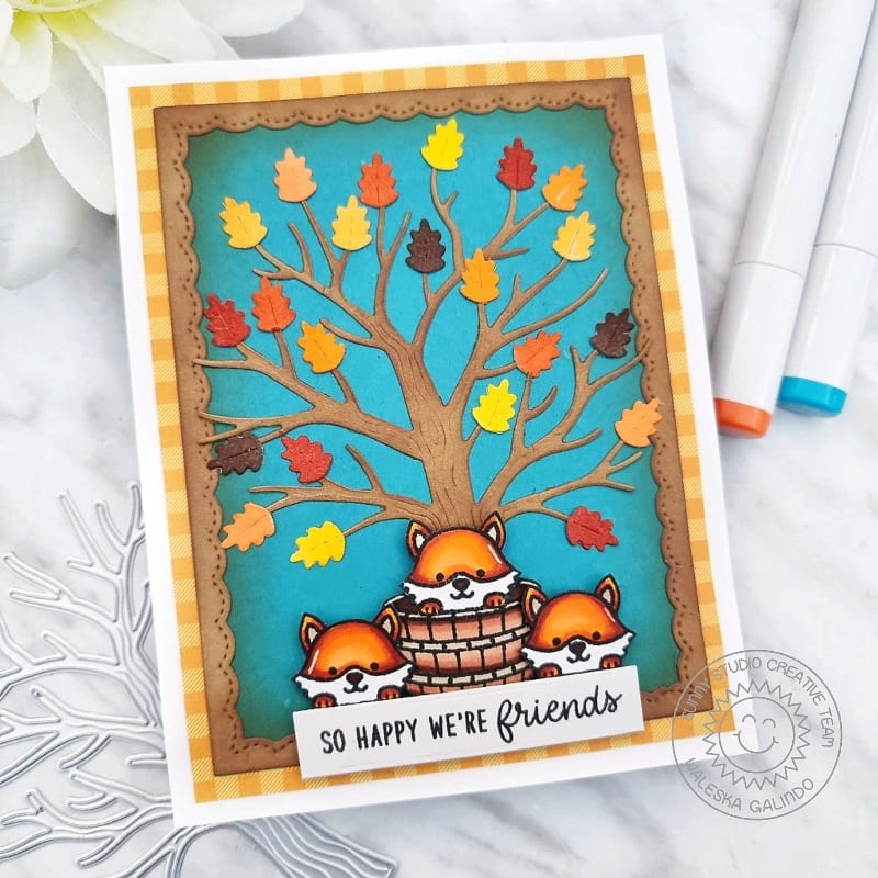 Sunny Studio So Happy We're Friends Fox in Barrel with Autumn Tree & Leaves Scalloped Card (using Fall Friends 4x6 Clear Stamps)
