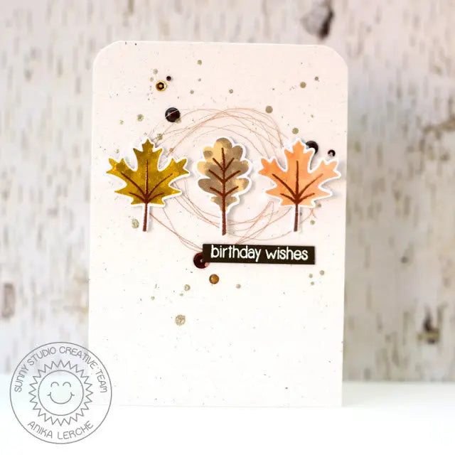 Sunny Studio CAS Clean & Simple Watercolor Fall Leaves Birthday Wishes Card (using Autumn Splendor Clear Layering Stamps)