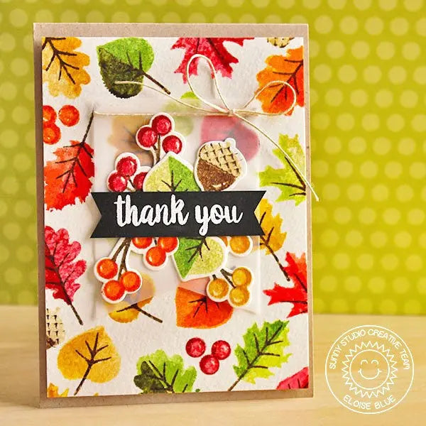 Sunny Studio Stamps Colorful Fall Leaves, Berries & Acorn Thank You Card (using Autumn Splendor Clear Layering Stamp Set)