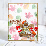 Sunny Studio Grateful For You Owl Standing on A Log with Mushrooms & Colorful Leaves Background Fall Card (using Autumn Splendor Clear Layering Stamps)