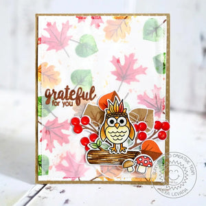 Sunny Studio Grateful For You Owl Standing on A Log with Mushrooms & Colorful Leaves Background Fall Card (using Autumn Splendor Clear Layering Stamps)
