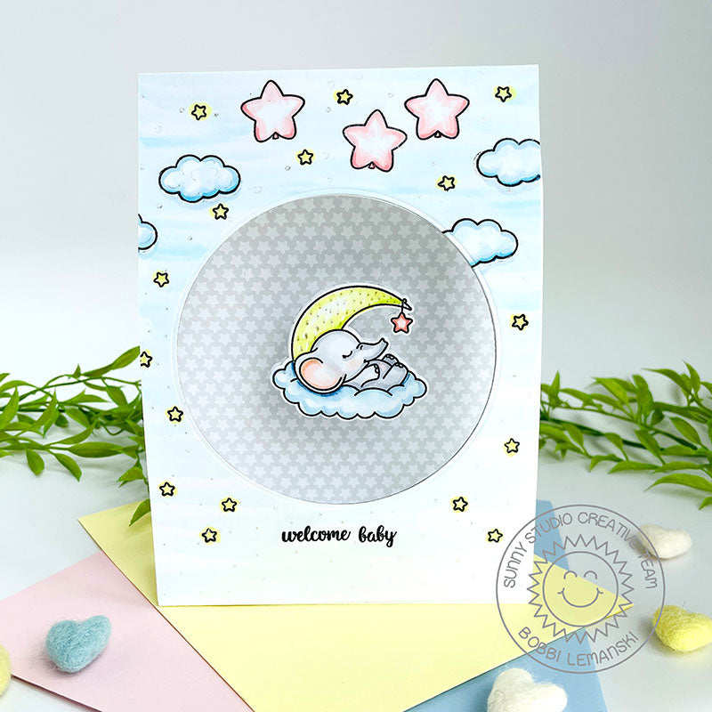 Sunny Studio Floating Elephant in a cloud with Moon & Stars Spinning Spinner Card (using Baby Elephants 4x6 Clear Stamps)