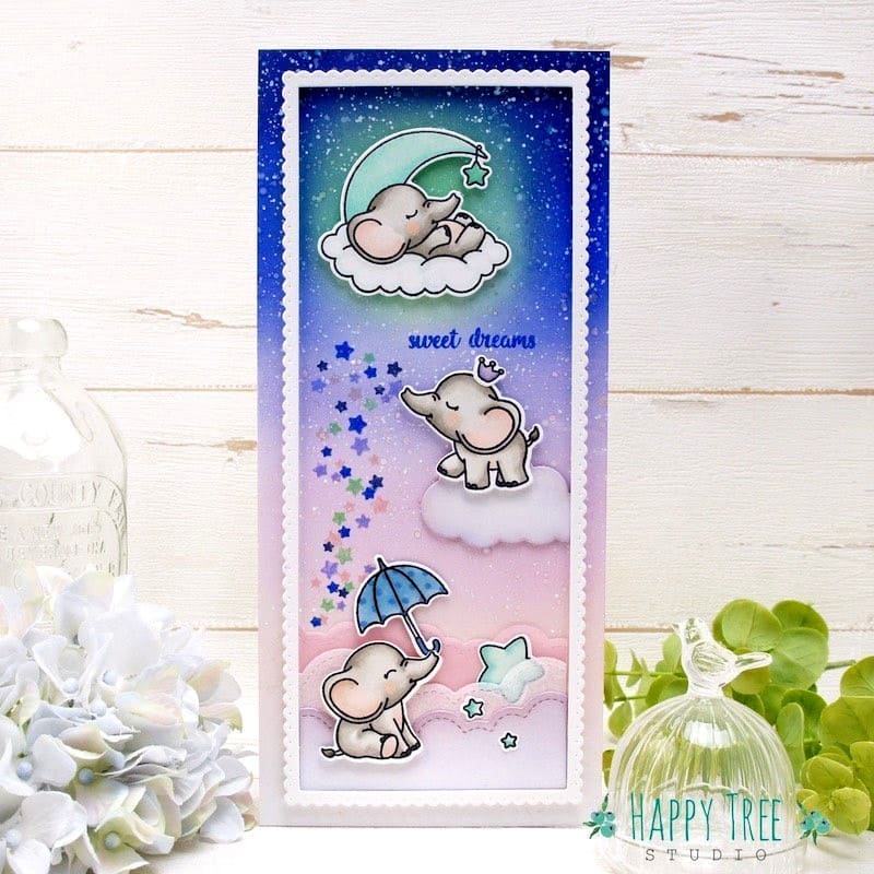 Sunny Studio Elephants with Moon, Stars & Fluffy Clouds Slimline Sweet Dreams Card (using Baby Elephants Clear Stamps)