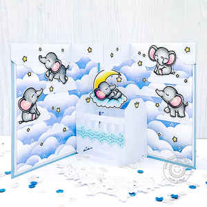 Sunny Studio Pop-up Crib with Clouds, Moon & Stars Interactive Baby Card (using Baby Elephants 4x6 Clear Stamps)