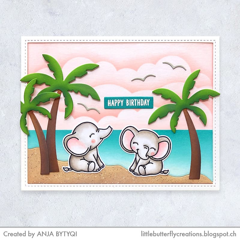 Sunny Studio Elephants on Beach with Palm Trees & Pink Cloud Background Birthday Card using Baby Elephants 4x6 Clear Stamps