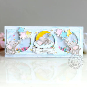Sunny Studio Elephant Sleeping in a Cloud with Moon & Star Balloons Slimline (using Baby Elephants 4x6 Clear Stamps)