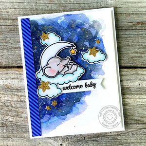 Sunny Studio Welcome Baby Elephant Sleeping in Clouds with Moon & Stars Blue Striped Card (using Dots & Stripes Jewel Tones 6x6 Paper)