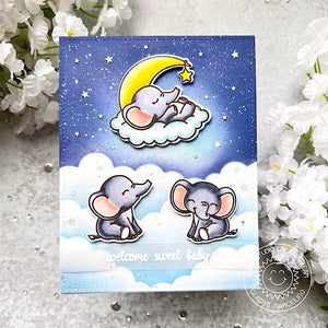 Sunny Studio Welcome Sweet Baby Elephants Sleeping in Clouds with Moon & Stars Card (using Baby Elephants 4x6 Clear Stamps)