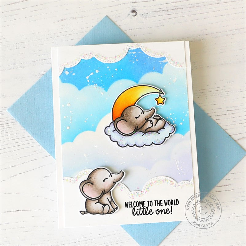 Sunny Studio Welcome To The World Little One Baby Elephant with Clouds Card (using Inside Greetings Congrats Clear Stamps)