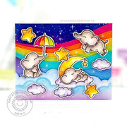 Sunny Studio Elephants with Moon, Stars & Colorful Rainbow Floating in Clouds Card (using Baby Elephants Clear Stamps)