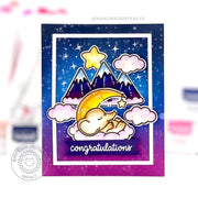 Sunny Studio Congratulations Baby Elephant Sleeping in Clouds with Moon & Mountains Card (using Spring Scenes 4x6 Clear Stamps)