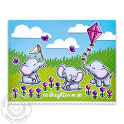 Sunny Studio You Brighten My Day Elephants Flying Kite & Catching Butterflies Tulips Card using Spring Showers Clear Stamps