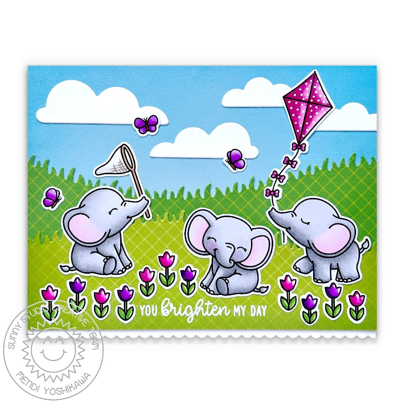 Sunny Studio You Brighten My Day Elephants Flying Kite, Catching Butterflies & Tulips Card using Baby Elephants Clear Stamps