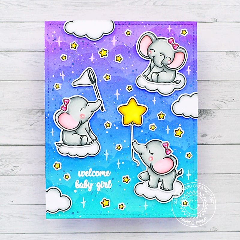 Sunny Studio Welcome Baby Girl Elephants Floating On Clouds Catching Stars Sparkle Card (using Baby Elephants Clear Stamps)