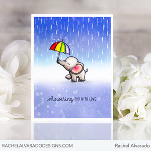 Sunny Studio Elephant Holding Rainbow Umbrella in the Rain Card by Rachel Alvarado (using Baby Elephants 4x6 Clear Stamps)