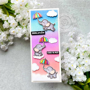 Sunny Studio Sending Smiles Across the Miles Elephant with Rainbow Umbrellas Slimline Card using Baby Elephants Clear Stamps