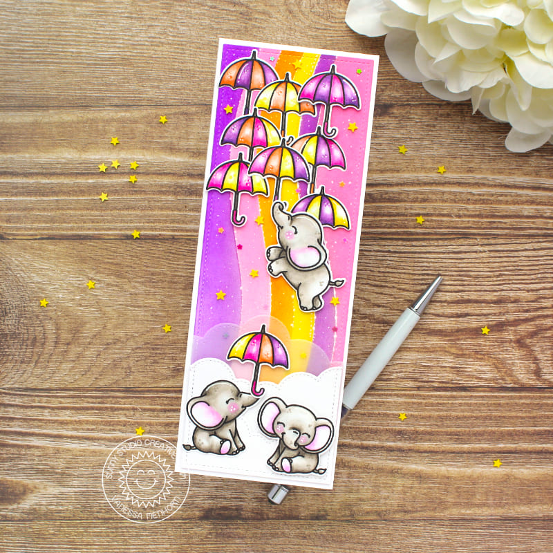 Sunny Studio Pink & Purple Floating Umbrellas with Rainbow & Stars Slimline Card (using Baby Elephants 4x6 Clear Stamps)