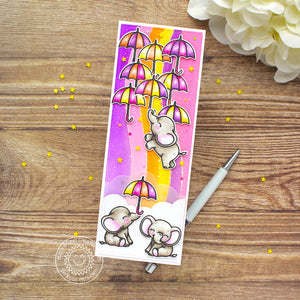 Sunny Studio Pink & Purple Floating Umbrellas with Rainbow & Stars Slimline Card (using Baby Elephants 4x6 Clear Stamps)