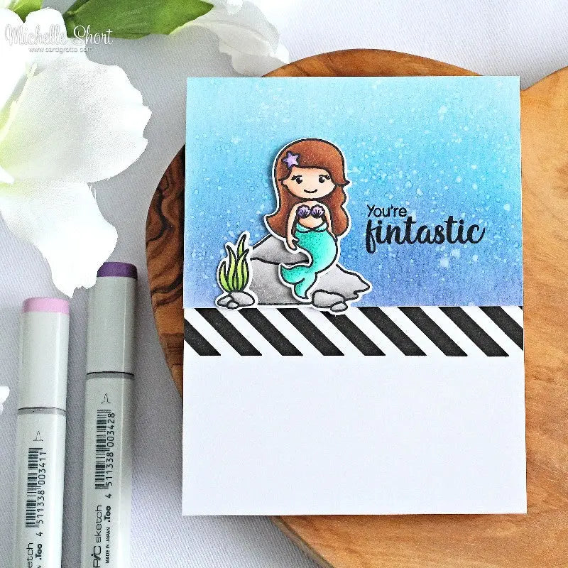 Sunny Studio Stamps Magical Mermaids Fintastic Card with Black & White Striped Border (using Background Basics stamps)