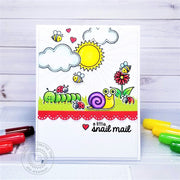 Sunny Studio Stamps Red, Yellow & Green Snail Mail Spring Bugs Card using scalloped Eyelet Lace Border Metal Cutting Dies