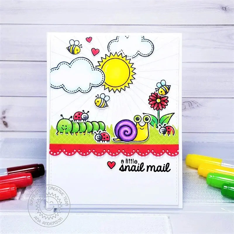 Sunny Studio Stamps Backyard Bugs Snail Mail Spring Handmade Card (using Sunny Sentiments Sunshine & Stitched Cloud Stamps)