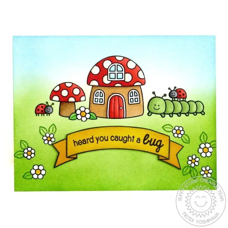 Sunny Studio Stamps Backyard Bugs Toadstool House & Ladybug Heard You Caught A Bug Punny Get Well Card