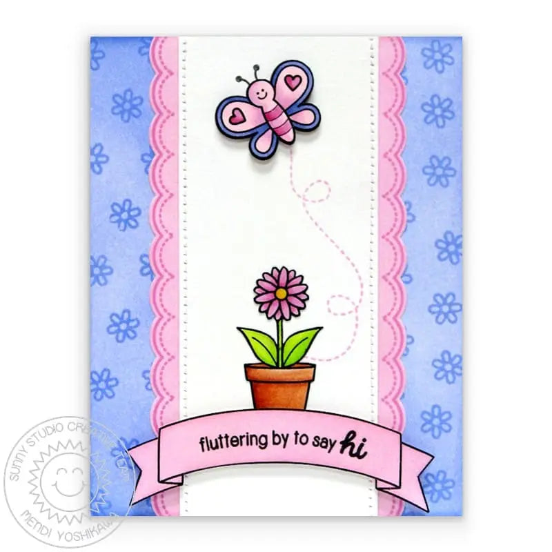 Sunny Studio Pink & Lavender Scalloped Fluttering By To Say Hi Flower Pot & Butterfly Card (using Backyard Bugs Clear Stamps)