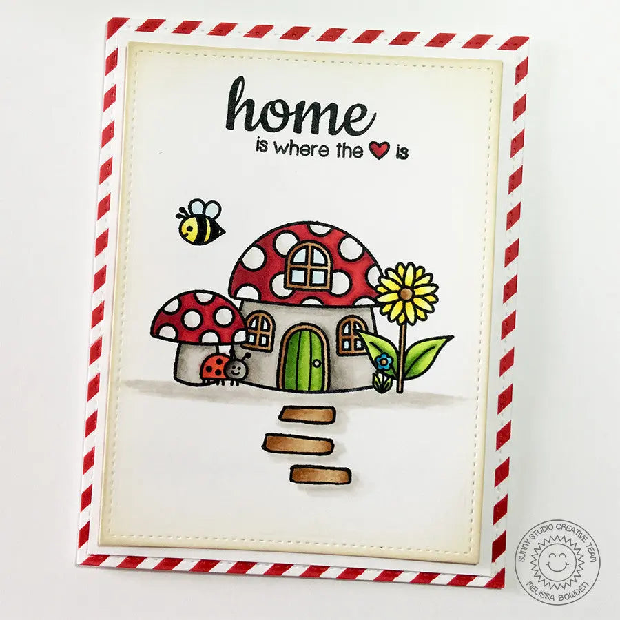 Sunny Studio Stamps Backyard Bugs Mushroom House with Ladybug & Bumblebee Red Striped Home Is Where The Heart Is card