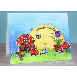 Sunny Studio Stamps Backyard Bugs Rainbow Caterpillar & Mushroom House, Ladybug & Honey Bee Hello Card