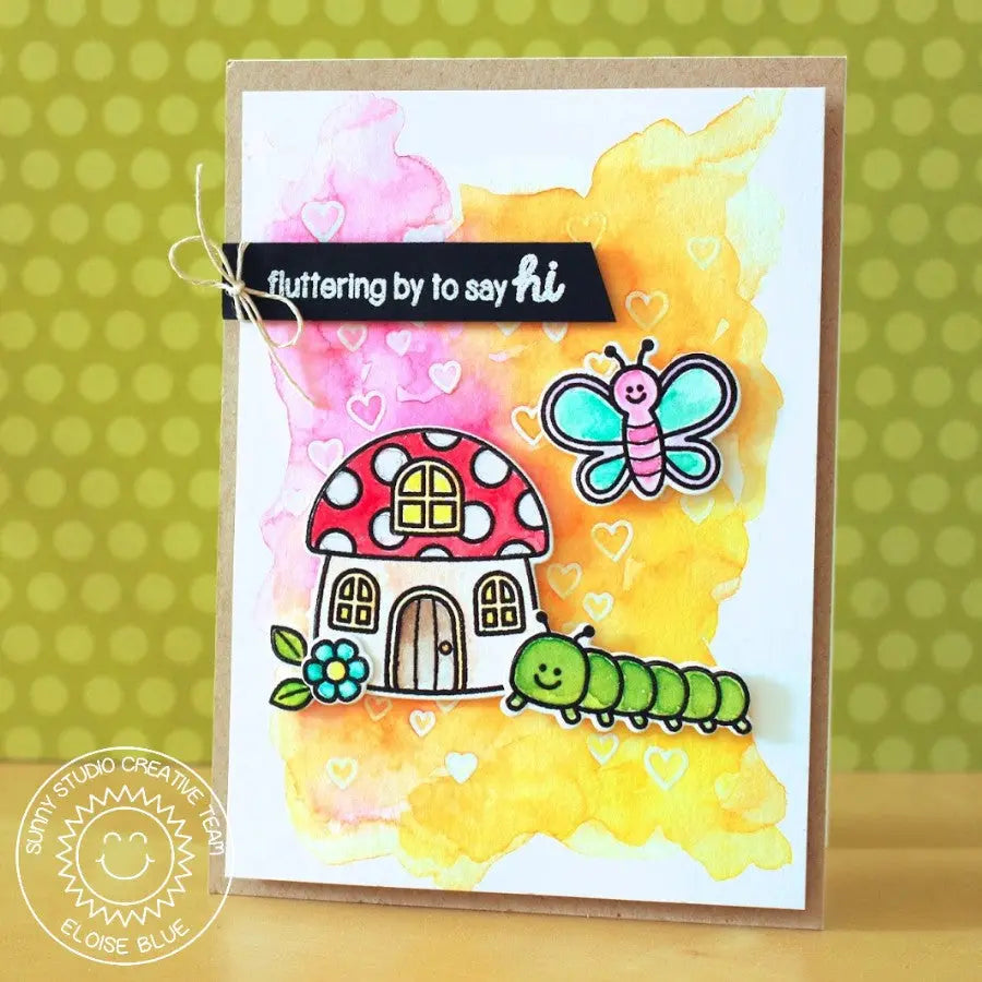 Sunny Studio Stamps Backyard Bugs Butterfly, Caterpillar & Mushroom House Colorful Watercolor Scene Hello Card