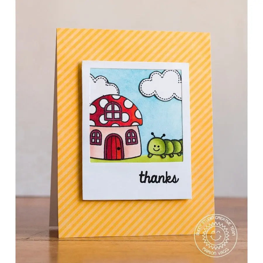 Sunny Studio Caterpillar with Mushroom House Polaroid Yellow Striped Thank You Card (using Backyard Bugs Clear Stamps)