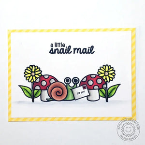 Sunny Studio Stamps Backyard Bugs Sending a Little Snail Mail Snail with Mushrooms, Letter, & Daisies Single-Layer Card