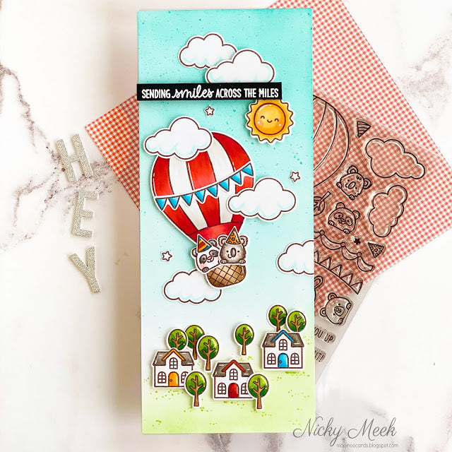 Sunny Studio Sending Smile Across The Miles Hot Air Balloon Flying Over Houses Slimline Card using Balloon Rides Clear Stamp
