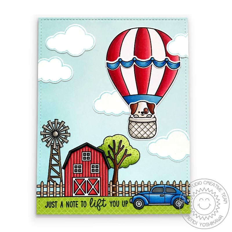 Sunny Studio Red, White & Blue Hot Air Balloon Flying over Barn Farm Card (using Balloon Rides 4x6 Clear Stamps)