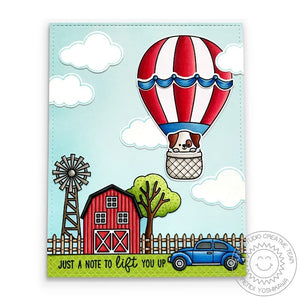 Sunny Studio Red, White & Blue Hot Air Balloon Flying over Barn Farm Card (using Balloon Rides 4x6 Clear Stamps)