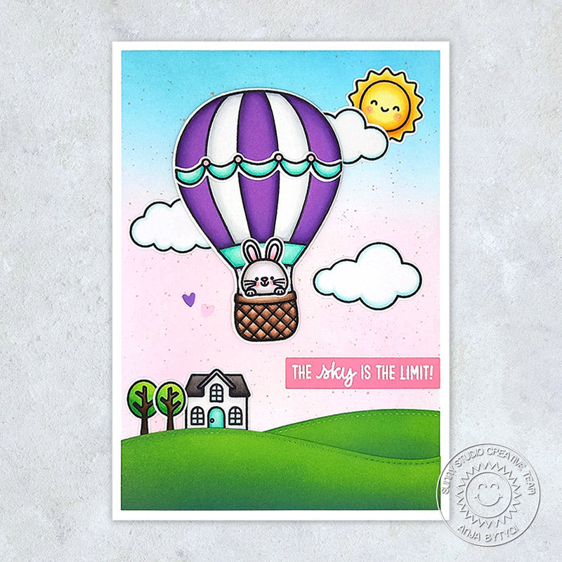 The Sky Is The Limit Hot Air Balloon with Rolling Hills, House & Sunshine Handmade Card using Balloon Rides 4x6 Clear Stamps