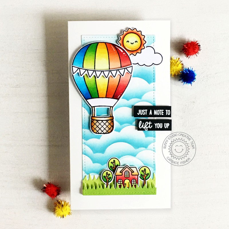 Sunny Studio Just A Note To Lift You Up Rainbow Hot Air Balloon Mini Slimline Card (using Balloon Rides 4x6 Clear Stamps)