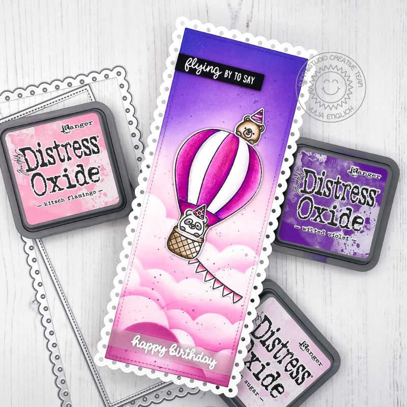 Sunny Studio Pink & Purple Clouds with Hot Air Balloon Slimline Birthday Card (using Balloon Rides Clear 4x6 Stamps)