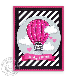 Sunny Studio Black & White Striped Panda in Pink Polka-dot Hot Air Balloon Graduation Card using Balloon Rides Clear Stamps