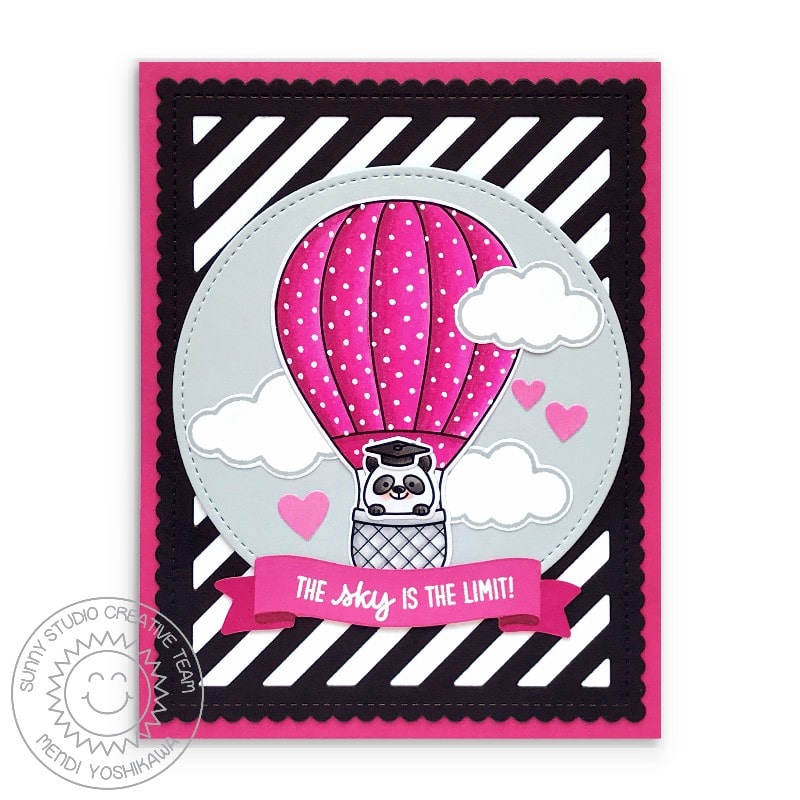 Sunny Studio Stamps Pink Polka-dot Hot Air Balloon Panda Graduation Card using Stitched Circle Small Metal Cutting Dies
